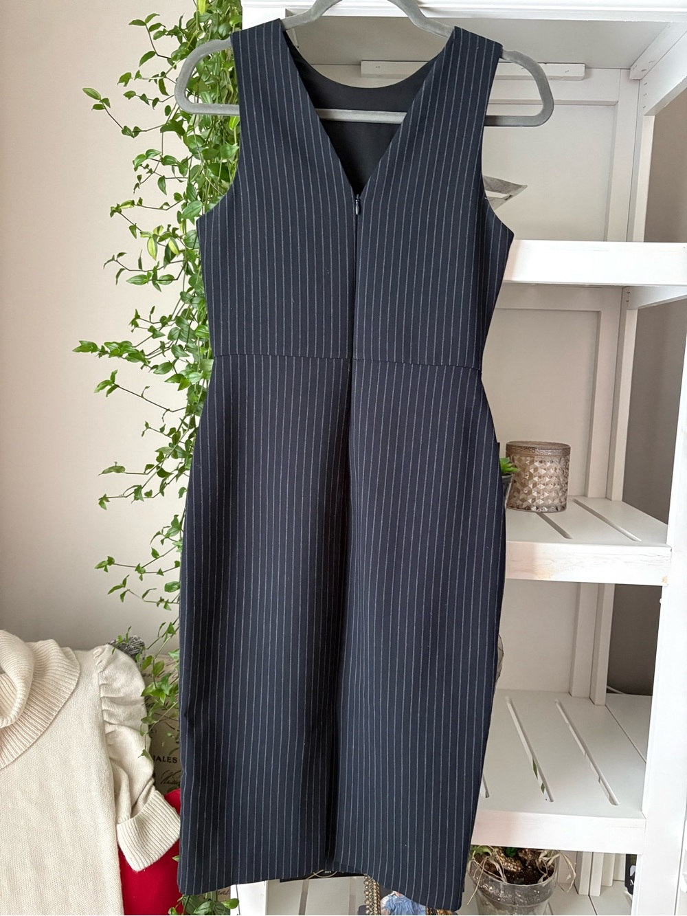 Classic Sleeveless Pinstripe Sheath Dress - Navy - Picture 13 of 13